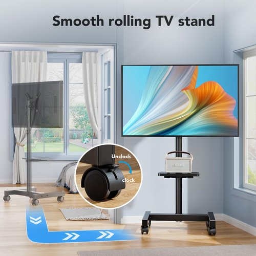 AX WABER Mobile TV Floor Stand for 13-50 inch LCD LED Flat/Curved Panel Screen TVs up to 77 lbs, Height Adjustable TV Stand Mount with Tilt VESA 200x200, Portable TV Stand with Shelf AX2007TBM