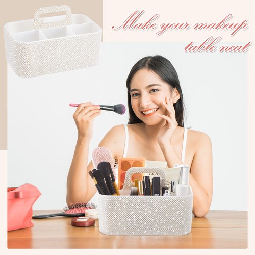 Marspark Bling Girly Caddy Organizer with Handle, 9.8 Inch Sparkly Pen Pencil holder for Back to School, Classroom, Office Desk Accessories Organizer for Pen Brush Makeup Supplies(White,Pearl Diamond)