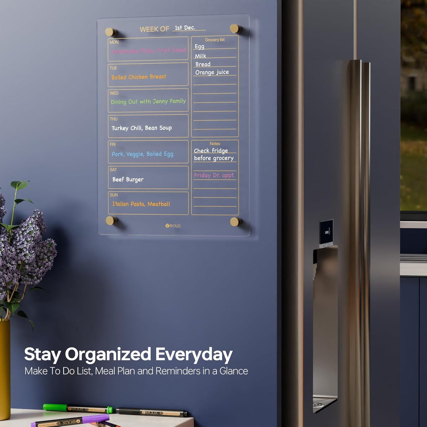 Yeoux Clear Glass Weekly Dry Erase Calendar - Non-Magnetic Wall Whiteboard for Meal Planning & Grocery Lists, 15x11 Inches, 4 Wet Erase Markers Included