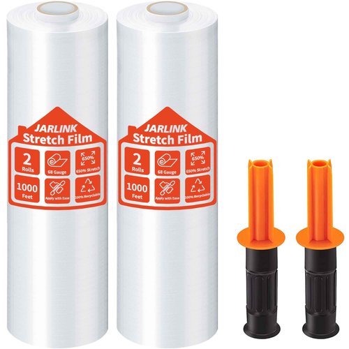 JARLINK 2 Pack Stretch Film, 15" x 1000ft Shrink Wrap for Pallet Wrap, Industrial Strength Stretch up to 650% Stretch with Handles, Self Adhering Packaging Heavy Duty Film for Moving, 68 Gauge, Clear