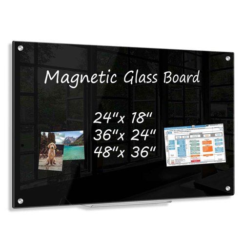 AMUSIGHT Black Dry Erase Board, 24" x 18" Magnetic Large Black Glass Board Frameless Wall Mounted Glass Whiteboard for Office, School & Home with 1 Acrylic Marker Tray & 3 Strong Magnet