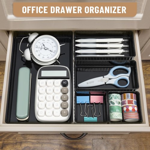 MOSA BEAR 6 PCS Black Drawer Organizer Set 3-Size, Makeup Organizer,Versatile Desk and Vanity Drawer Organizer Trays, Storage Bins for Bedroom, Kitchen，Bathroom