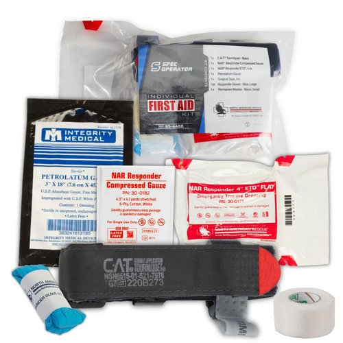 Spec Operator NAR Individual First Aid Kit | C-A-T Tourniquet, Trauma Dressing, Gauze | Vacuum Sealed, Clear