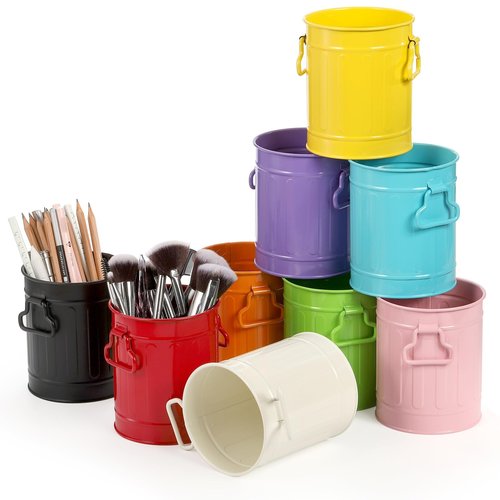 Noamus 9 Pack Metal Pen Holder, Mini Pencil Bucket with Handle, Desktop Pencil Cup Makeup Brush Organizer, Desk Colorful Small Pails, Stationary Supplies Container for Office Classroom School Crafts