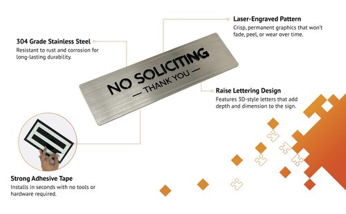 Kubik Letters No Soliciting Sign for House and Front Door, Raised Letters, Contemporary Design, Stainless Grade 304,- No Silication Solicitation Solicitors for Home and Business, Ultra Strong 3M Adhesive Tapes