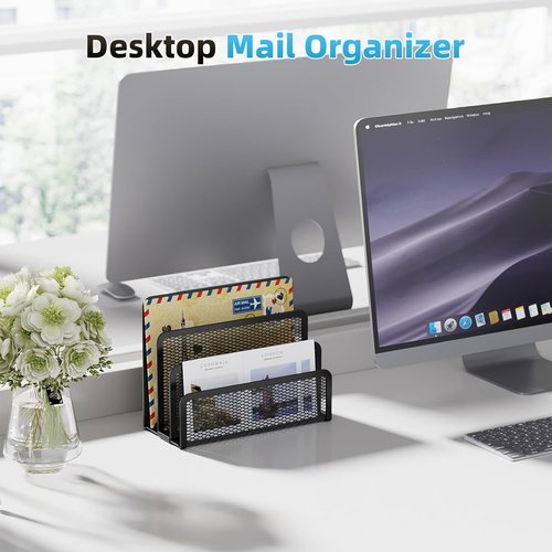 Marbrasse Mail Organizer - 3-Slot Mesh Metal Desk Holder for Documents & Letters | Stylish Office Storage Rack