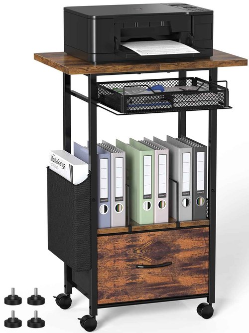 Mobile 3-Tier Printer Stand with 2-Drawer File Cabinet, 24 Extended Desktop & Lockable Wheels, Adjustable Rolling Cart for Home Office Storage (Rustic Brown)