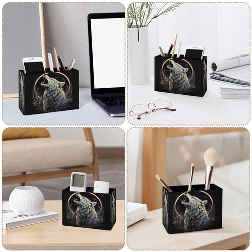 Famame Howling Wolf Moon Pencil Holder for Desk, Leather Desktop Container Pen Cup Storage Study Table Pen Organizer Makeup Brush Holder for Classroom Office Home