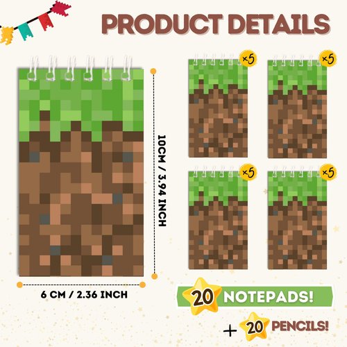 Echoglimmer 40 PCS Pixel Theme Party Favors | Mini Party Supplies 20 Pencils & 20 Miner Theme Notepads | Birthday Pixel Goodie Bag Favors | Decorations