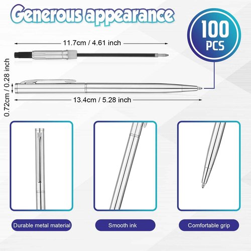 Lincia 100 Pieces Silver Slim Metal Ballpoint Pen 1 mm Medium Black Ink Smooth Writing Silver Retractable Point Metal Pen for Office Business Students Teachers Wedding Guest(Stylish)