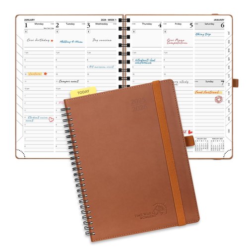 POPRUN Planner 2025-2026 (Medium - 6.5'' x 8.5'') Academic Weekly Calendar (July 2025 - June 2026) with Hourly Time Slots, Monthly Tabs, 100GSM Thick Papers, Spiral Leather Cover - Brown