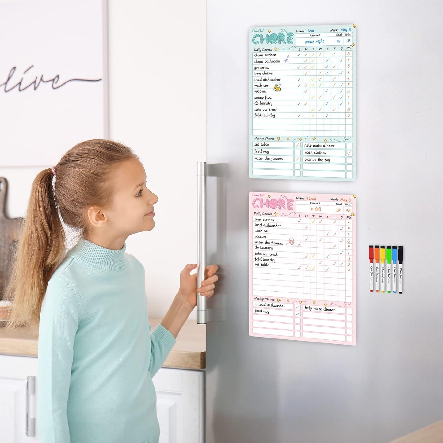 Skiennix Magnetic Dry Erase Chore Chart - 8.5"x12" Kids' Responsibility Board | Includes 6 Fine Point Markers - Blue & Pink