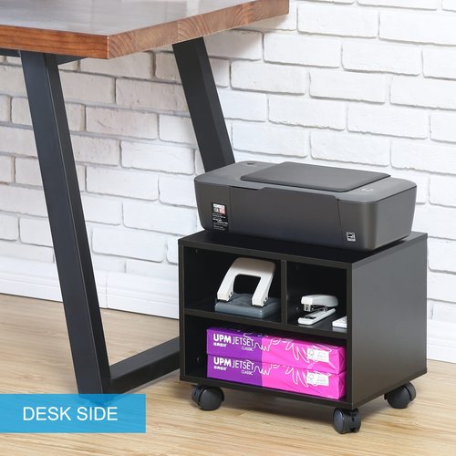 FITUEYES Mobile Printer Stand with Storage, Under Desk Black Wood Small Rolling Printer Table Work Cart with Wheels and 3 Compartment Organizer Spaces for Home Office, 15.7 x 11.8 x 13.8