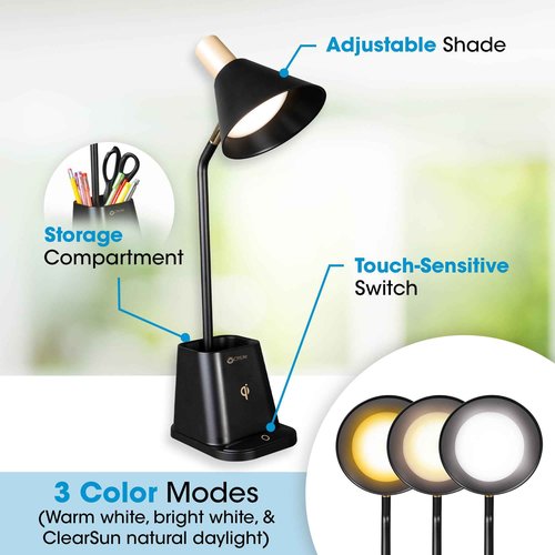 Ottlite Merge LED Desk Lamp with Wireless Charging - ClearSun LED Technology, 3 Brightness Settings & Color Temperature Modes with Touch Activated Controls - Includes Storage Area for Desk Supplies