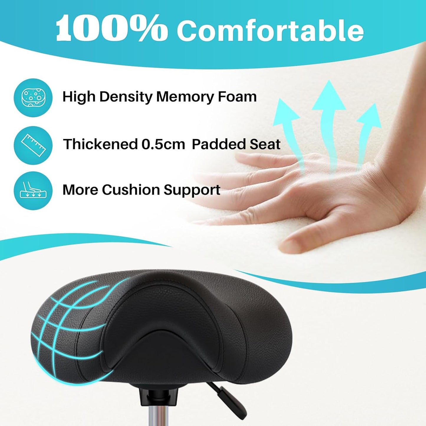 YEEZEE Saddle Stool - Ergonomic Rolling Chair with Wide Thick Padding | Adjustable Height & Wheels (Dark Black)