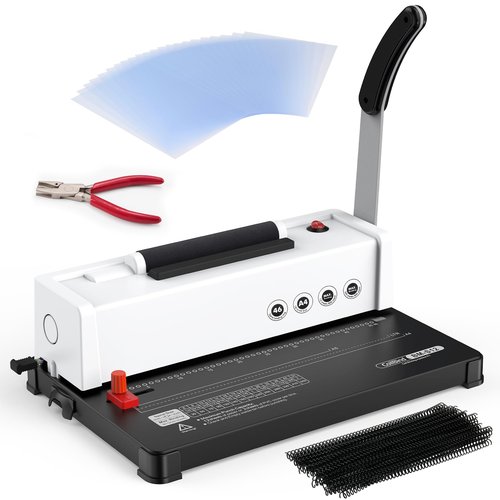 Epoium Spiral Coil Binding Machine, Homeschool 46-Hole Puncher Spiral Binder with Electric Coil Inserter, Professional & Customizable Binding for Office Business School Home Binding, White