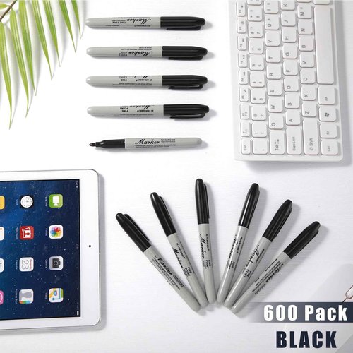 Thenshop 600 Pack Black Permanent Markers Bulk Fine Tip Permanent Marker Set Quick Drying Fine Point Pens for Classroom, Office, Home, Work on Wood, Metal, Stone, Glass, Christmas Office Gifts