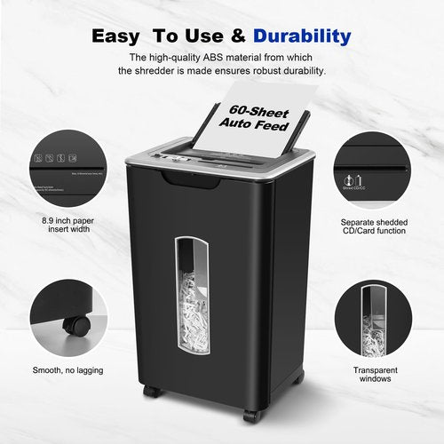 Wingwise Paper Shredder for Home Office, 60 Sheets Auto Feed, 55dB Super Quiet, P-4 Cross Cut, 2.4m/min High-Speed Shredding, 5.8 Gallon Bin, CD/Credit Card Shredder with Anti-Jam & Dual Modes
