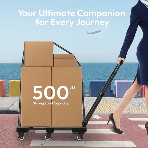 Voipvvii Folding Hand Truck 500lbs, Portable Heavy Duty Dolly Cart, 6 Wheels Collapsible Luggage Cart with 2 Elastic Ropes - Compact Trolley Cart for Easy Moving - Ideal Hand Cart for Travel and More
