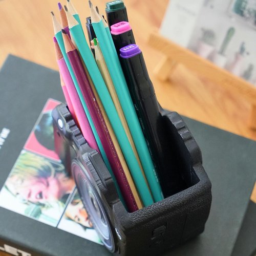 Camera Pen Pencil Holder Desk-Decor - Bookend Shelf Decor Makeup Brush Holder, Aesthetic Desk Accessories Supplies Holders Organizer for Office Stationary Birthday Anniversaries Graduation Gift