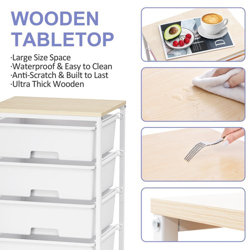 Rolling Storage Cart with Drawers,Utility Cart with 6 Large Drawers and Wooden Tabletop,Craft Storage Cart with Lockable Wheels for Bedroom, Office, Classroom, Kids'Room, Living Room (White)