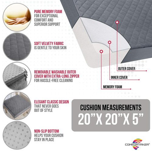 COMFORTANZA Large Soft 20x20x5 Polyurethane Foam Recliner Chair Seat Cushion for Long Sitting - Washable Velvety Cover with Waterproof Layer, Non-Slip Base - Tailbone Pain & Pressure Relief - Brown