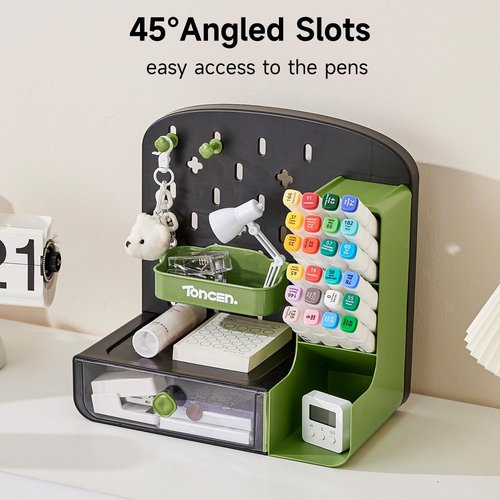 UFORU Desk Organizer with Drawers, Wall-Mounted Storage Panel with Hooks Shelves, Space-Saving Multi-Purpose Pen Holder for Home Office, Kitchen, Workshop (Greener)
