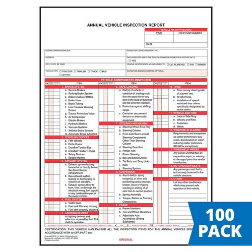 J. J. Keller 100-Pack, Annual Vehicle Inspection Report Form with Carbon, 3-Ply Snap-Out, DOT Compliant
