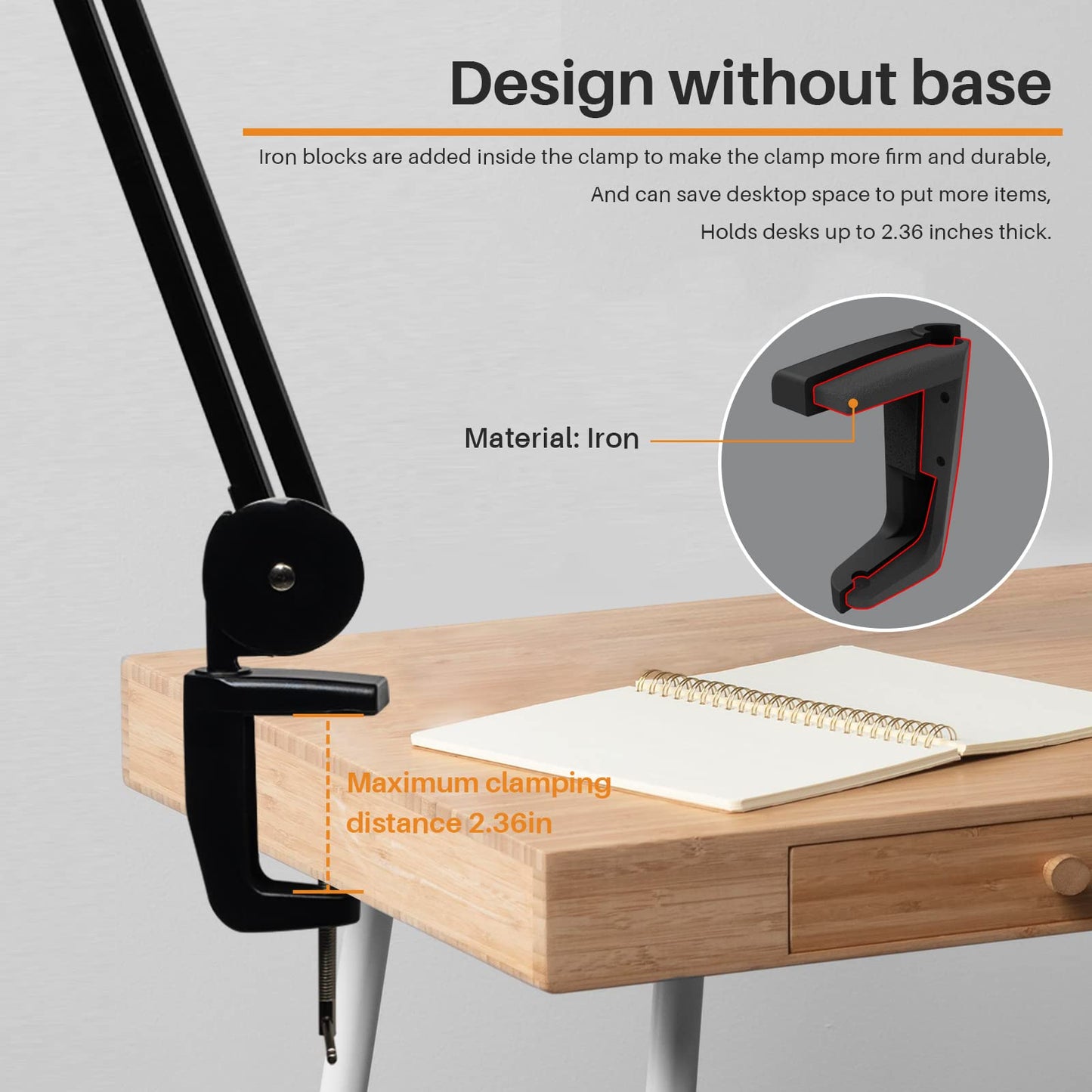 bemelux Task Lamp with Clamp, 23 Inch Lamp Head, Bright 182PCS LEDs,3 Color Temperatures, 4 Brightness Levels, Metal Swing Arm 20W 2200 Lumen Dimmable Led Desk Lamp (Black, CCT)