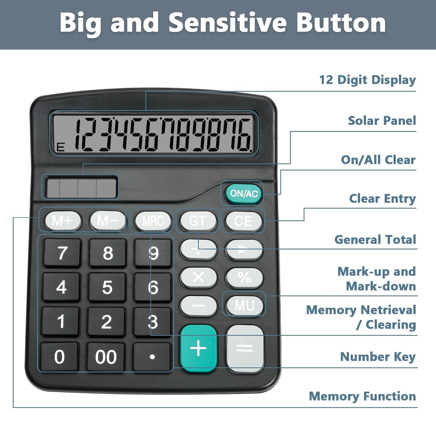 DANRONG Desktop Calculator with Big Buttons, Dual Power Source, Solar and Battery, Large Display Screen - Perfect for Office, Teachers, and Students (Black)