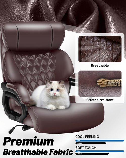 800LBS Large Heavy Duty Office Chair with Massage Footrest, Big and Tall Office Chair with Adjustable Lumbar Support, PU Leather Executive Chair with Extra Wide Seat (Brown)