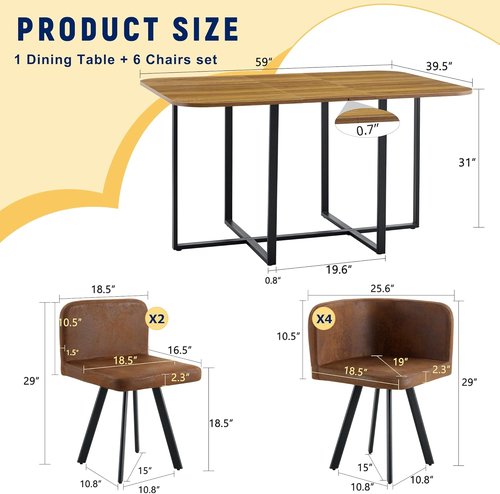 Hommoo 7-Piece Dining Table Set - 59” Rectangular Kitchen Table with 6 PU Leather Chairs | Space-Saving Design in Brown