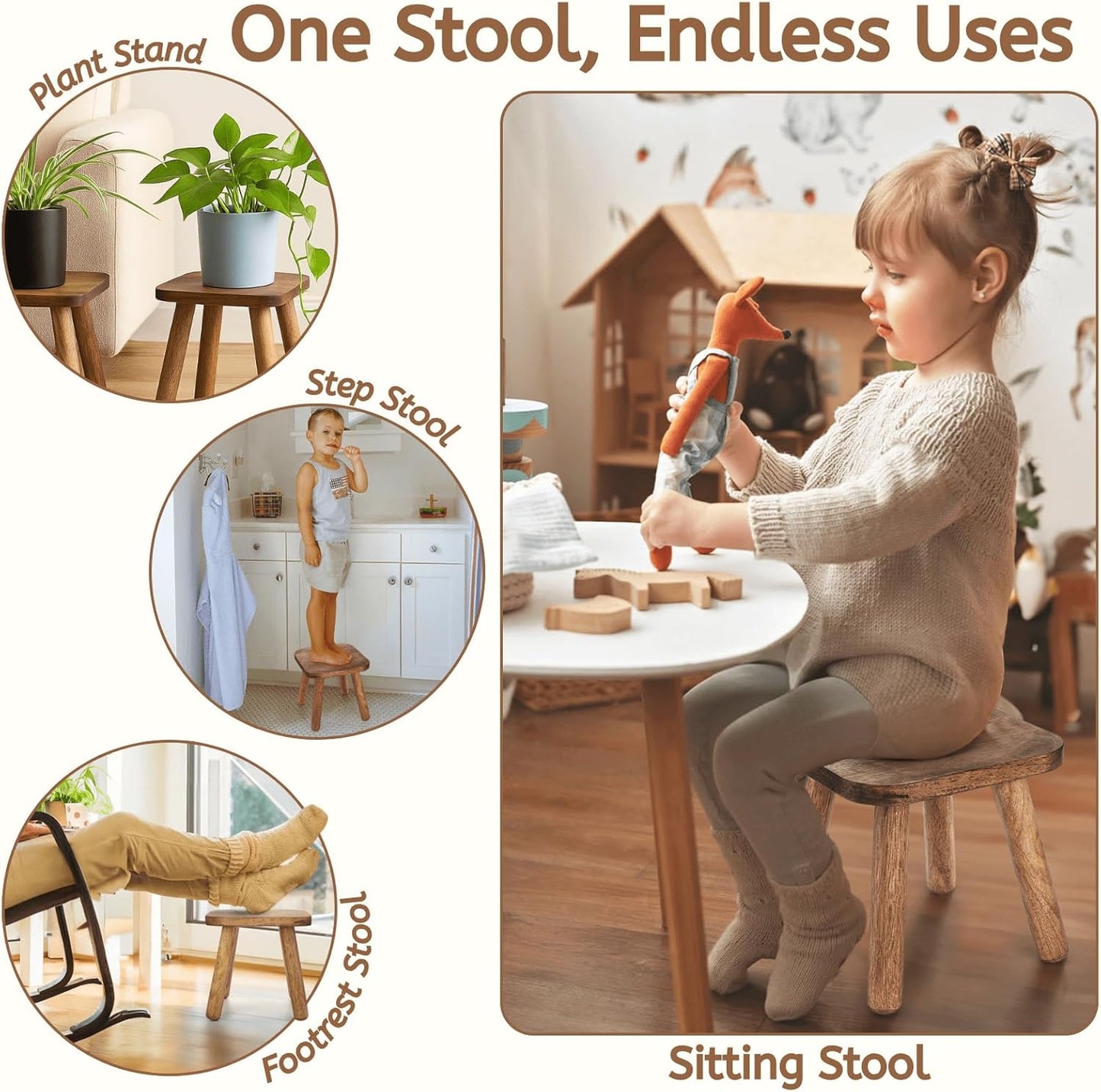 Youeon 9-Inch Wooden Step Stool - Non-Slip & Sturdy Design, Portable Footstool for Home Use
