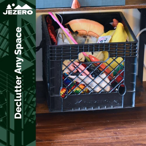 JEZERO 16 Quart Heavy Duty Plastic Crate | Stackable Multi-Purpose Storage Bin for Garage, Home, Office, Groceries, Outdoor, Camping & Kayaking | Black Utility Tote, 13" x 13" x 11"