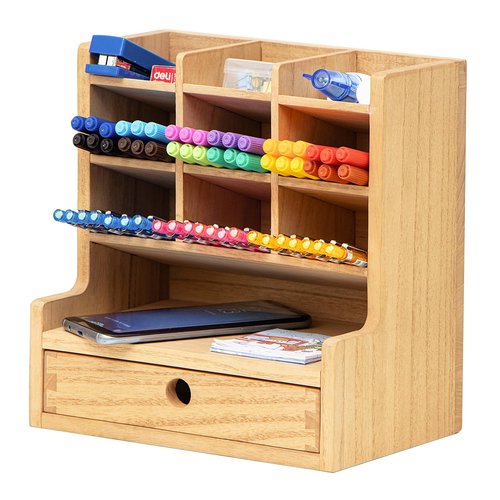 KIRIGEN Wood Desk Pen Holder Organzier with Drawer Multi Functional Pens Storage Organizer with 9 Compartments for Home, Office and Desk Accessories BJH9G-NA