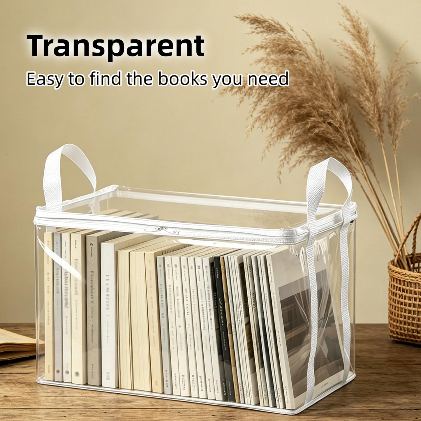 2-Pack Large Clear Book Storage Bags - Waterproof Plastic Comic Book Bin with Carrying Handles - Portable Book Display Case & Closet Organizer for Used Books, DVDs and Magazines - 15" x 9.5" x 12.5"
