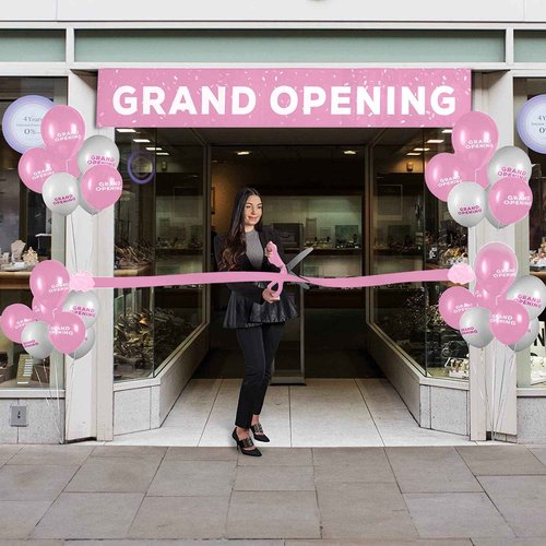 Upper Midland Products Deluxe Grand Opening Ribbon Cutting Ceremony Kit - 25" Giant Scissors, Pink Satin Ribbon, Banner, Bows, Balloons & More