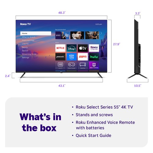 Roku Smart TV 2025 – 55-Inch Select Series, 4K HDR TV – Roku TV with Enhanced Voice Remote – Flat Screen LED Television with Wi-Fi for Streaming Live Local News, Sports, Family Entertainment