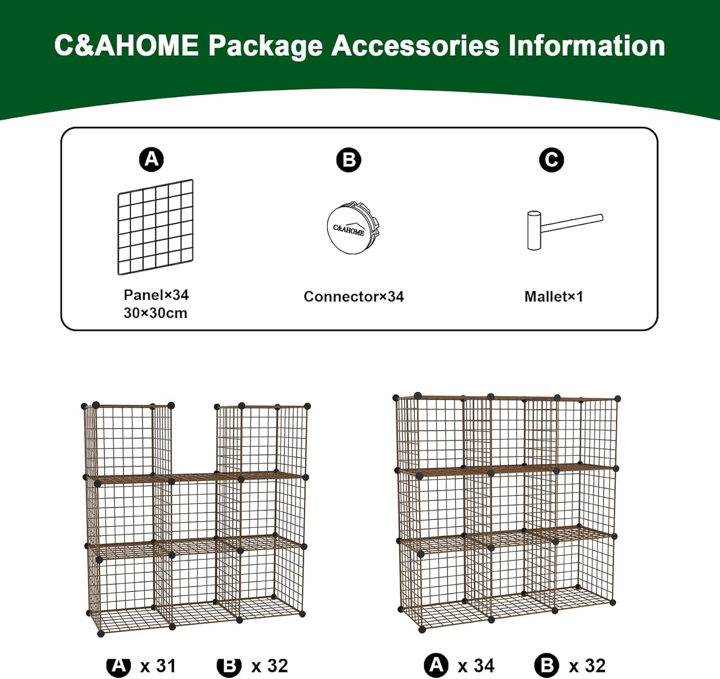 C&AHOME Wire Cube Storage - 9-Cube Organizer with Modular Metal Grids | Ideal for Home & Office, Brown, 36.6”L x 12.4”W x 48.4”H