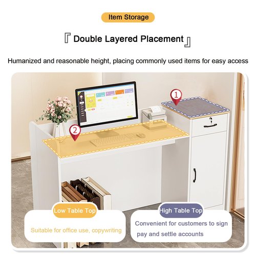 Modern Reception Desk, 39 inch Office Wooden Computer Front Counter Table, Reception Room Table with Lockable Drawer & Shelves, for Checkout, Lobby, Salon and Office (White, 39 x 21.6 x 35.4 in)