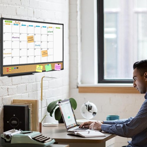 JILoffice Magnetic Calendar Whiteboard & Corkboard Combo - 24x18 Inch Black Aluminum Frame for Home, Office & School
