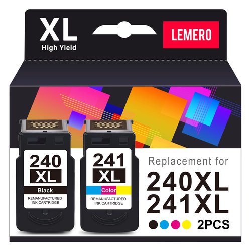 LEMERO 240XL 241XL Combo Pack Remanufactured Ink Cartridges Replacement for Canon Printer Ink 240 241 Combo Pack PG-240XL CL-241XL for PIXMA MG3620 MG3600 Printer for Canon Ink 240 241 (2 Pack)
