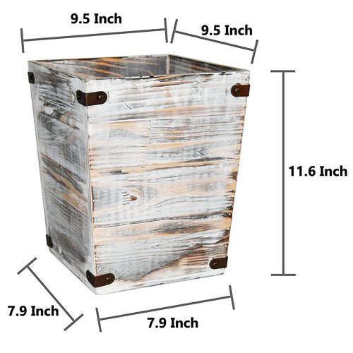 Owlgift Decorative Rustic Whitewashed Wood Trash Can, Farmhouse Stylish Wooden Waste Basket Near Desk, Square Garbage Cans Trashcan with Metal Brackets for Office, Bedroom & Bathroom