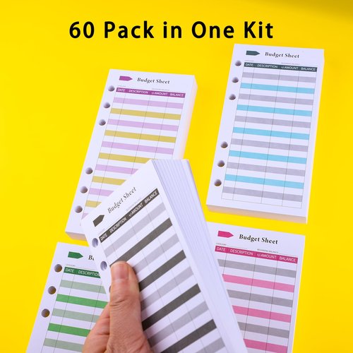 60PCS Budget Sheets for A6 Binder, 6-Holes Expense Tracker, Spending Tracker, Cash Ledger Book Wallet Bill Organizer, Black