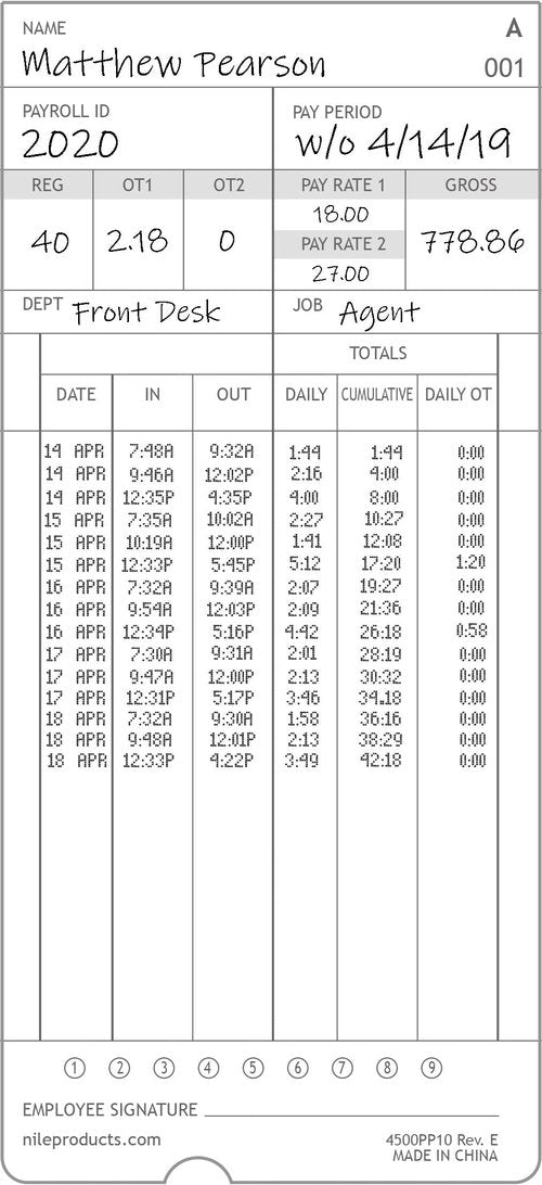 Nile Products - Authorized Time Cards for Nile Products 4500PP Compatible [ 4500PP10 ] Electronic Time Clock, Double Sided Time Sheets (3.37 x 7.37 Inches) - 100 Time Cards Per Package