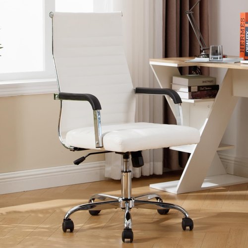 Haranuo Office Chair, Ergonomic Executive Conference Room Chairs, Ribbed Leather Desk Chair with Lumbar Support, Adjustable Height Mid-Back Swivel Chair (Square Tube Armrests, White)