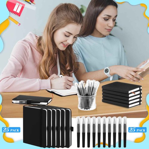 Sayglossy 25 Pack Pocket Small Notebook Journals with Pen 5.6'' x 3.7'' Mini Journaling Notepads A6 Ruled Journals Hardcover Lined Notebook Bulk with Pen Holder for Office School Memo(Black)