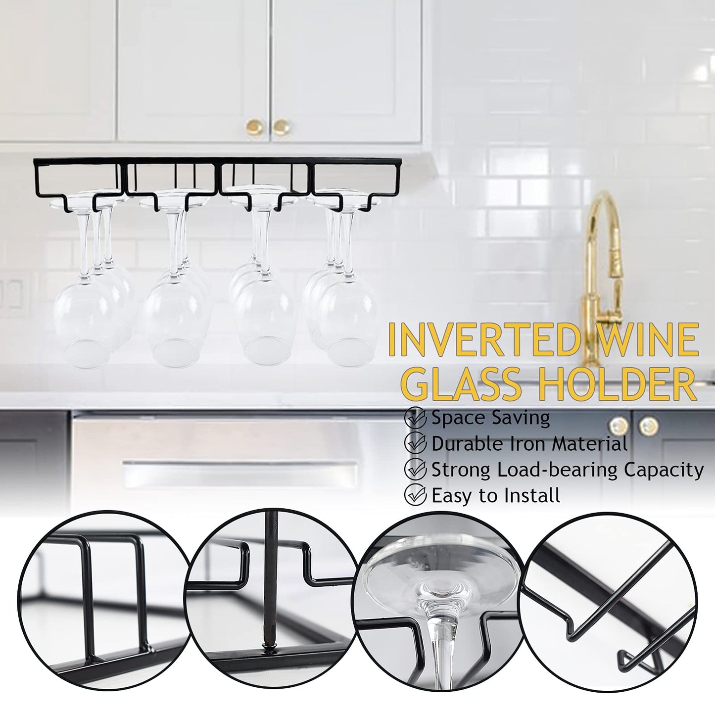 Wtiujhg Wine Glass Rack, Under Cabinet Stemware Rack Wine Glass Holder, 4 Rows Black Metal Wine Glass Storage Hanger Under Shelf for Cabinet Kitchen Bar