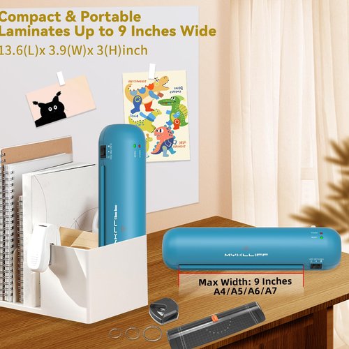 Laminator Machine 9-Inch Portable Thermal Laminater with Hot & Cold Modes, A4 Small Laminating Machine with ABS Jam-Release, 3-Min Warm-Up, 6-in-1 Photo Laminator Kit for Office & Classroom Blue-Gray
