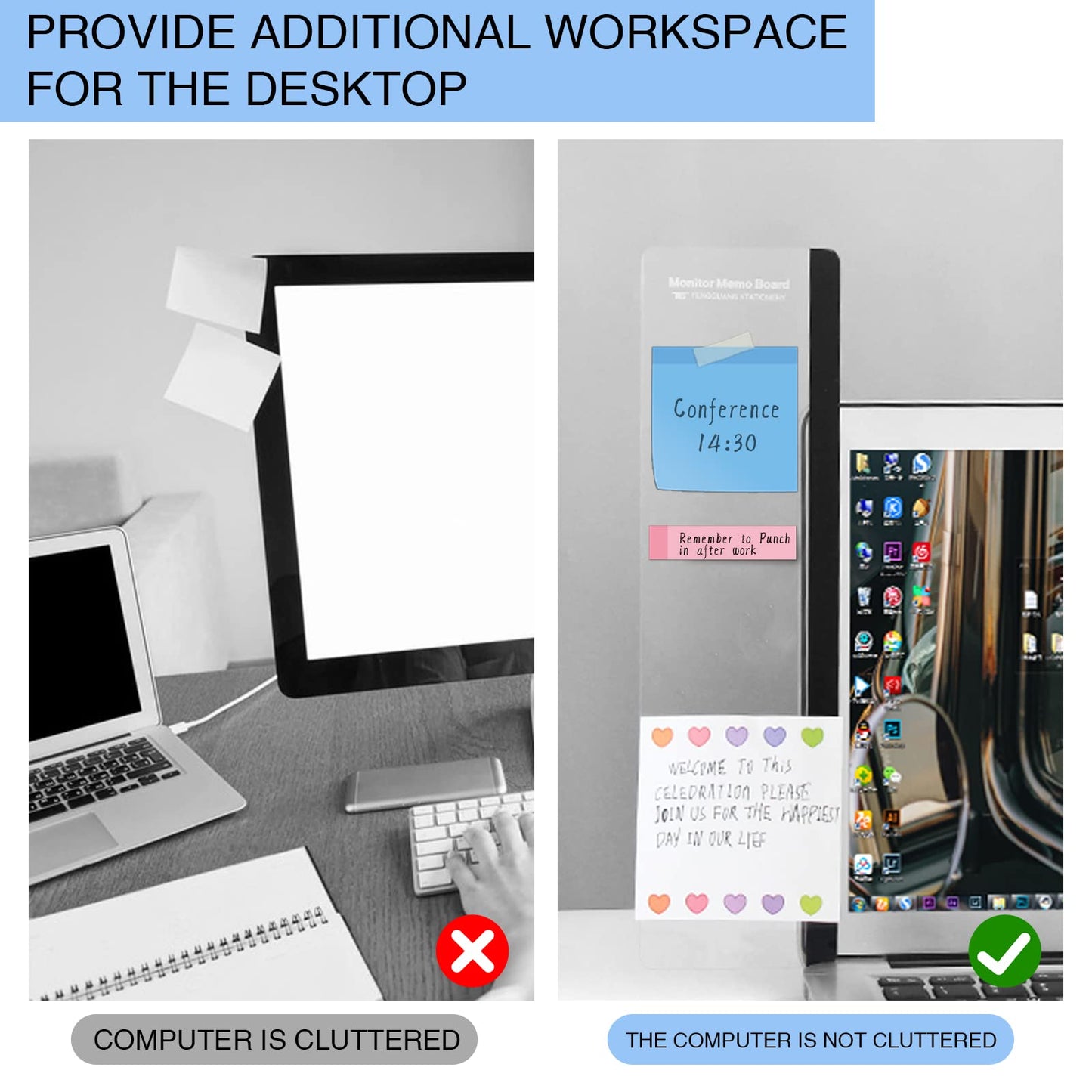 Monitor Memo Board - Multifunction Computer Transparent Side Panel Creative Desktop Easy to Use Suitable for Home Office Left and Right (2pcs)